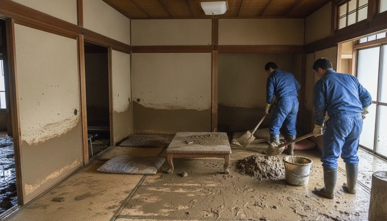 浸水した室内で泥を撤去する様子(イメージ)